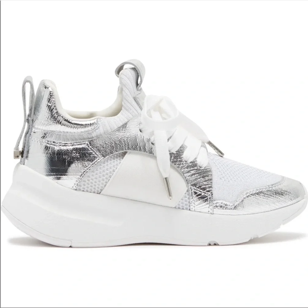 Donna Karen Metallic Silver & White Leather High Top Fashion Sneakers